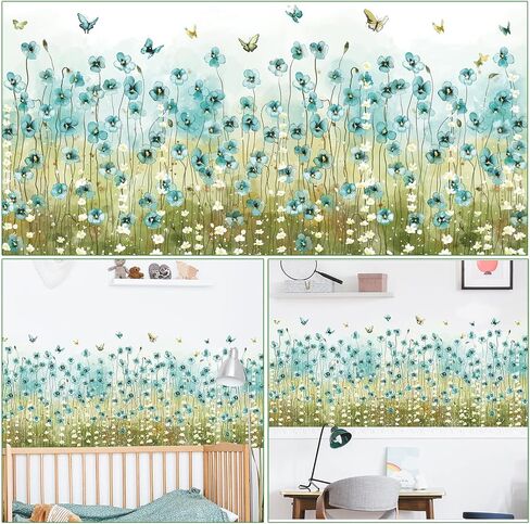 Blue Flowers Wall Decals White Daisy Wall Stickers DIY Peel and Stick Butterfly Plants Wall Sticker for Baby Kids Girls Bedroom Nursery Living Room Office Corners Skirting Lines in Saudi Arabia