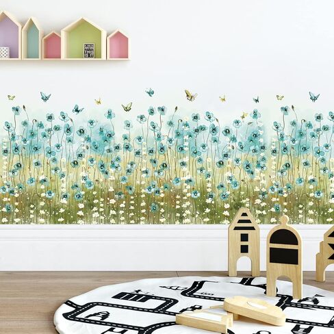Blue Flowers Wall Decals White Daisy Wall Stickers DIY Peel and Stick Butterfly Plants Wall Sticker for Baby Kids Girls Bedroom Nursery Living Room Office Corners Skirting Lines in Saudi Arabia