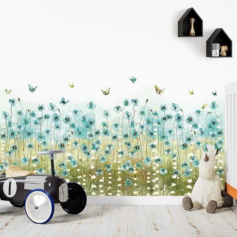 Blue Flowers Wall Decals White Daisy Wall Stickers DIY Peel and Stick Butterfly Plants Wall Sticker for Baby Kids Girls Bedroom Nursery Living Room Office Corners Skirting Lines in Saudi Arabia