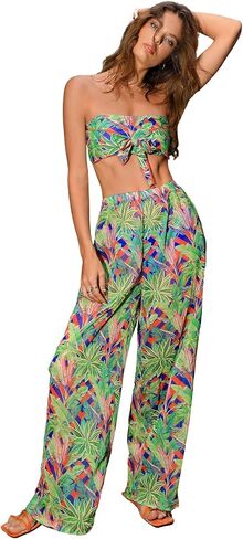 Floerns Women's Bathing Suit Tropical Print Bandeau Bikini Swimsuit with Beach Pants in Saudi Arabia