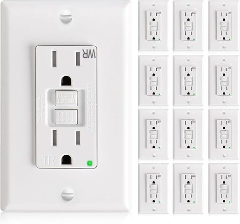 Amico 12 Pack GFCI Outlet 15 Amp مع تصميم أنحف، مقاومة للطقس (WR)، أوعية GFI ذاتية الاختبار مع مؤشر LED، لوحات حائط ومسامير متضمنة، داخلي أو خارجي، مدرج في قائمة ETL، أبيض in Kuwait