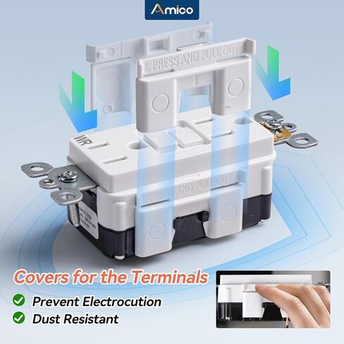 Amico 12 Pack GFCI Outlet 15 Amp مع تصميم أنحف، مقاومة للطقس (WR)، أوعية GFI ذاتية الاختبار مع مؤشر LED، لوحات حائط ومسامير متضمنة، داخلي أو خارجي، مدرج في قائمة ETL، أبيض in Kuwait