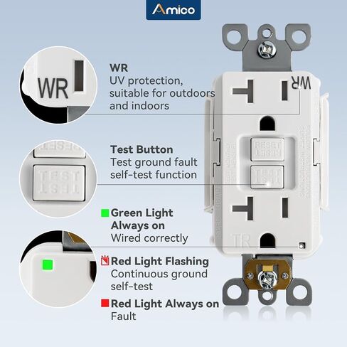 Amico 12 Pack GFCI Outlet 15 Amp مع تصميم أنحف، مقاومة للطقس (WR)، أوعية GFI ذاتية الاختبار مع مؤشر LED، لوحات حائط ومسامير متضمنة، داخلي أو خارجي، مدرج في قائمة ETL، أبيض in Kuwait