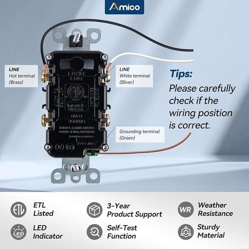 Amico 12 Pack GFCI Outlet 15 Amp with Thinner Design, Weather Resistant (WR), Self-Test GFI Receptacles with LED Indicator, Wall Plates and Screws Included, Indoor or Outdoor, ETL Listed, White in Kuwait