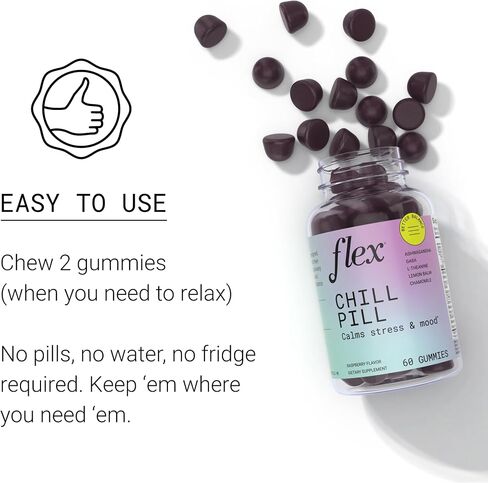 FLEX Chill Pill - Stress Relief - Balance - Helps to Relax - Ashwagandha - L-Theanine - GABA - Chamomile - Lemon Balm - Berry Flavor - Vegan-Friendly - Gluten-Free - 60 Gummies (Chill Pill) in Saudi Arabia