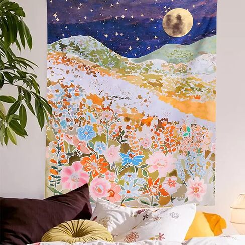 Moonlit Landscape Tapestry - Starry Night Tapestries Wall Hanging Aesthetic Flower Print Wall Decorations for Bedroom Dorm Living Room (L (59.1ʺ x 78.8ʺ)) in Saudi Arabia