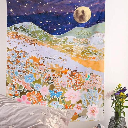 Moonlit Landscape Tapestry - Starry Night Tapestries Wall Hanging Aesthetic Flower Print Wall Decorations for Bedroom Dorm Living Room (L (59.1ʺ x 78.8ʺ)) in Saudi Arabia