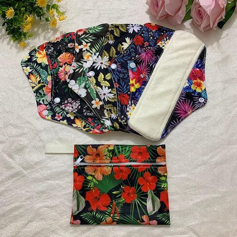 مجموعة 7 قطع من فوط الحيض القابلة لإعادة الاستخدام، بما في ذلك 1 قطعة حقيبة مبللة صغيرة + 6 قطع من فحم الخيزران وتدفق الضوء لباس داخلي بطانات مقاومة للماء من قماش ماما فوط صحية فوط الحيض in Kuwait