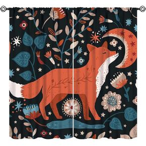 Fox Curtains Wild Animals Fox Tree Branch Night Starry Sky Vintage Black Art Print for Bedroom Living Room Kitchen Decor Rod Pocket Blackout Window Drapes 2 Panels 42x54in