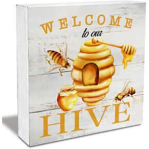 Welcome to Our Hive Wood Box Sign Rustic Honey Wooden Box Sign Farmhouse Home Kitchen Desk Shelf Decor (5 X 5 Inch)