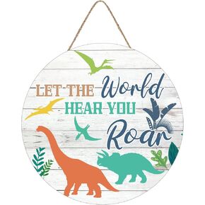 Dinosaur Inspirational Quote Wood Hanging Sign Plaque, Let The World Hear You Saying Wooden Door Hanger, Rustic Dinosaur Wall Art for Boys Bedroom Playroom Decor (12 x 12 Inch)
