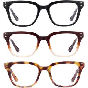 JM Reading Glasses for Women with Spring Hinge 3 Pack, Retro Blue Light Glasses Square Magnifying Glasses Ladies