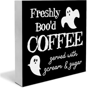 Halloween Sign Ghost Coffee Wooden Sign Halloween Home Kitchen Coffee Corner Decor for Desk Table Shelf Tabletop, 5 x 5 Inches