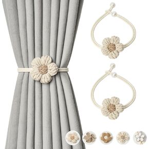 NICEEC 4 Pack Cute Hand-Woven Flower Curtain Tiebacks Boho Farmhouse Style Home Decor Drape Tie Backs Adjustable Natural Cotton Rope Curtain Holdbacks for Home Office Window Draperies (C-Coffee)