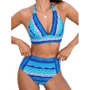 CUPSHE Women's Bikini Sets Two Piece Swimsuit High Waisted Halter Tummy Control Deep V Neck Back Self Tie
