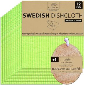 [12Pack+1Loofah Dish Sponge] 100% Natural Biodegradable Swedish Dishcloths for Kitchen | No-Discoloration, No-Odor, Super Absorbent Dish Sponge | Paper Towel Replacement.
