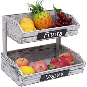 Fruit Basket Holder Vegetable Stand Bread Racks,2 Tier Farmhouse Standing Wooden Organizer,Classic Pastoral Food Basket for Kitchen,Office,Dining Room and Guest Room (Need Assemble)