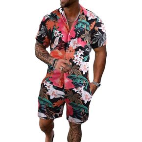 Men's 2 Piece Outfits Summer Tropical Print Short Sleeve Button Down Hawaiian Shirt and Shorts Set Beach Men Clothing