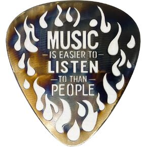 Top Brass Metal Guitar Pick Wall Décor Art with Flame Accents – Music is Easier to Listen to Than People – Glossy Torched Iridescent Finish