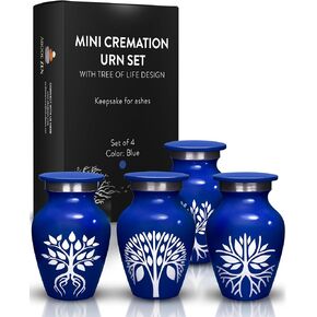 Urns for Human Ashes - Set of Four Decorative Mini Urns for Human Remains - Small Cremation Urn for Ashes - Tree of Life Design and Velvet Bag (Blue)
