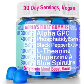 Alpha GPC Huperzine A PhosphatidylSerine L-Theanine Blue Spirulina Bioperine Gummies, Alpha-GPC Huperzine-A Phosphatidyl Serine L Theanine Supplement, Powder Capsules Tablets Liquid Supplements Alt