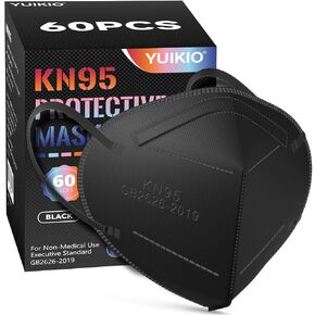 KN95 Face Mask,60 Pack Cup Protective Masks,5 Layers Filter Safety Mask Against PM2.5 Disposable KN95 Respirator Masks in Bulk (Black)