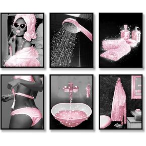 Fashion Wall Art Bathroom Wall Decor Prints Set of 6 Black and White Pink Glam Glitter Canvas Posters Pictures Photos Funny Bathroom Artwork Wall Modern Women for Bathroom (B&W PINK, 8"x10" UNFRAMED)