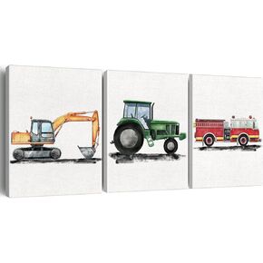 Construction Vehicle Wall Art Decor Set of 3 Watercolor Truck Canvas Painting Pictures Framed Fire Truck Dump Truck Canvas Prints Ready to Hang for Home Nursery Decor (12x15 Inch)