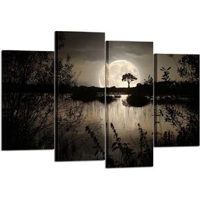 KREATIVE ARTS - 4 Pieces Canvas Prints Wall Art Big Moon over Lake in Dark Forest Modern Canvas Painting Landscape Picture Peaceful Jungle Poster Giclee Artwork For Home Decor