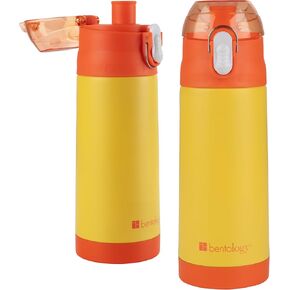 Bentology Stainless Steel 13oz Insulated Kids Water Bottle w Built In Straw- Easy to Open, Reusable BPA-Free, Fits in Most Lunch Boxes for Boys, Girls, School, Sports, Camp- Keep Drink Cold All Day