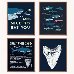 VNWEK Funny Sharks Species Great White Shark Facts Wall Art Poster Prints Unframed 8"x10"Set Of 4,Marine Life Shark Decorations for Home Kids Boys Room Classroom,Gifts For Shark Lovers Teens Kids