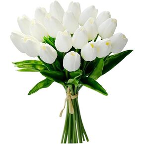 20 Pcs White Tulips Artificial Flowers 13.5" PU Real Touch with Faux Mix Tulip Bulbs Silk Bouquet for Mother's Day Wedding Easter Kitchen Decor