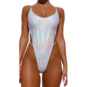 بدلة سباحة نسائية من قطعة واحدة باللون الفضي المعدني، بدلة سباحة مثيرة بدون ظهر ذات قصة عالية، زي مهرجان الهذيان in Kuwait