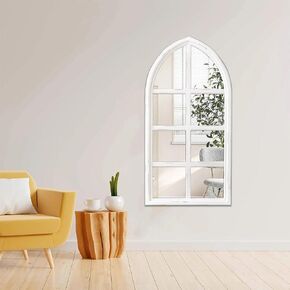 Farmhouse Cathedral Window Pane Mirror Wall Decor 18 X 36 Inch, Hanging Distressed Wood Arched Window Mirror, Decorative Fake Window Mirror for Living Room Bedroom Entryway
