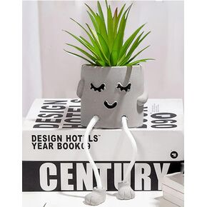 Realistic Mini Cactus Artificial Succulents Smiley Hanging Feet Doll Faux Plants Fake Plants in Gray Concrete Bowl Planter Modern Human Shaped Pots for Home Decor (1 pc - Mustache)