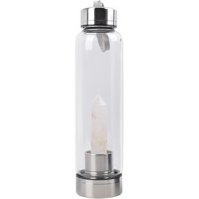 Clear Quartz Crystal Water Bottle, Stainless Steel Glass White Gemstone Obelisk Wand Energy Cup Sports Cup, Natural Wellness Healing 550ml