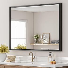 36x36 Black Mirror, Black Bathroom Mirror with Bevel Design, Square Mirror with Black Frame for Bathroom Sink Over Dresser, Anti-Rust Black Vanity Mirror for Wall