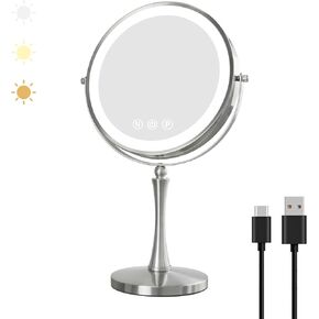 Nicesail 9" Large Lighted Makeup Mirror, 1X/10X Magnifying Vanity Mirror with 3 Colors Dimmable LED Lighting, 360°Rotation Double Sided Tabletop Mirror for Desk Cosmetic Mirror, Polished Nickel
