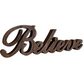 CVHOMEDECO. Rustic Vintage Distressed Wooden Words Sign Free Standing Believe Tabletop/Shelf/Home Wall/Office Decoration Art, 14-1/4 x 4-1/4 x 1 Inch