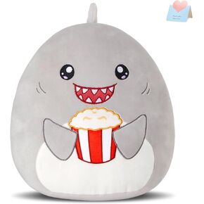 Glow Guards 12'' Shark Plush Pillow Cute Shark Stuffed Animal Soft Shark Plush Toy Stuffed Animals Shark Birthday Gift for Boys Girls Kids,Grey Shark Holding Popcorn
