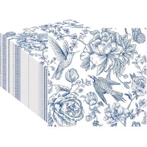 100Pcs Blue Floral Cocktail Napkins Disposable Flower Beverage Paper Napkins 3-Ply Blue Flower Luncheon Dinner Napkins for Wedding Birthday Party Supplies, 5 x 5 Inch