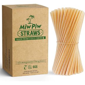 Biodegradable Coconut Straws - 200 Pieces Disposable, Plastic Free, Ecofriendly Coco Fiber Drinking Straws Bulk for Cold and Hot Beverages, Cocktail and Restaurant