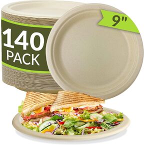 Reli. Compostable Paper Plates 9 Inch (140 Pack Bulk) | Brown Disposable Plates 9" | Heavy Duty Paper Plates, Eco-Friendly | Made of Sugarcane Fibers/Bagasse - Biodegradable | Microwavable (Natural)