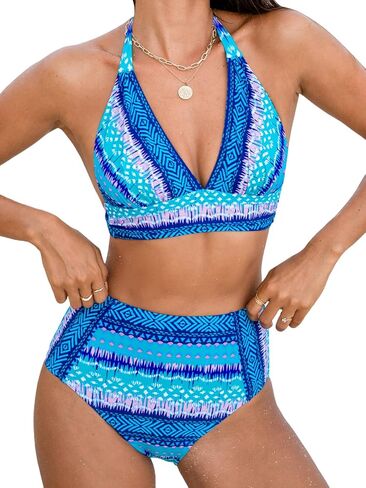 CUPSHE Women's Bikini Sets Two Piece Swimsuit High Waisted Halter Tummy Control Deep V Neck Back Self Tie in Saudi Arabia