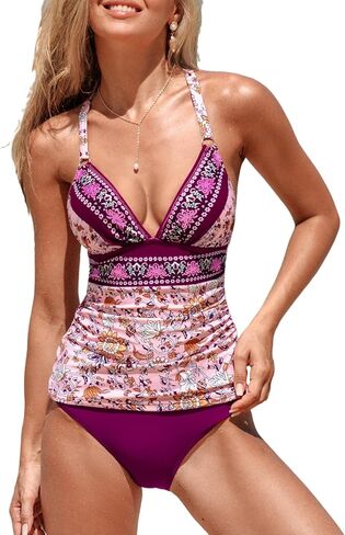 CUPSHE Women's Tankini Sets Two Piece Swimsuit Tummy Control V Neck Crisscross Back Tie Mid Rise Adjustable Straps in Saudi Arabia
