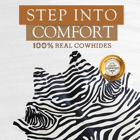 Sunshine Cowhides 100% Genuine Zebra Wild Print Black On Beige Cowhide Rug - Modern Style Animal Skin Rug & Floor Carpet for Living Room, Bedroom, Kitchen & More - Large (6x6-7ft) in Kuwait