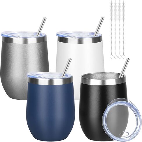 12oz/4 Pack Wine Tumbler Glasses with Lid Stemless Double Wall Vacuum Stainless Steel Travel Tumbler Keeping Cold & Hot for Wine,Coffee,Cocktails,Drinks-Family and Gifts (Multi color-dark) in Saudi Arabia