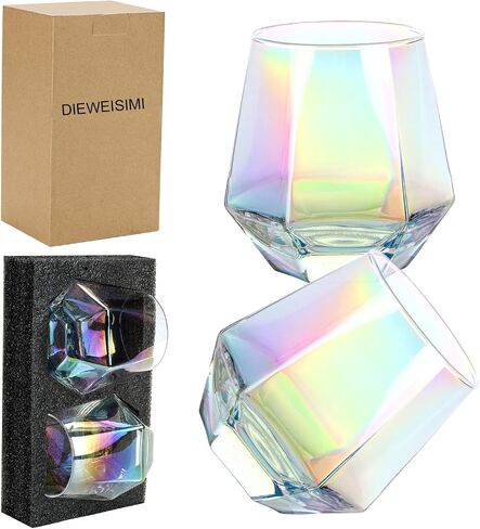 Wine Glass, Stemless Wine Glass for Red and White Wine, Iridescent Diamond Shaped Glassware for Whiskey, Cocktail, Gift for Anniversary, Wedding, Housewarming, Birthday in Saudi Arabia