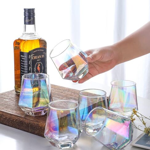 Wine Glass, Stemless Wine Glass for Red and White Wine, Iridescent Diamond Shaped Glassware for Whiskey, Cocktail, Gift for Anniversary, Wedding, Housewarming, Birthday in Saudi Arabia