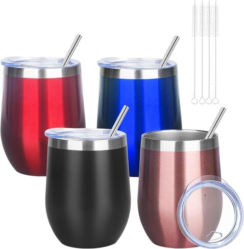 12oz/4 Pack Wine Tumbler Glasses with Lid Stemless Double Wall Vacuum Stainless Steel Travel Tumbler Keeping Cold & Hot for Wine,Coffee,Cocktails,Drinks-Family and Gifts (Multi color-dark) in Saudi Arabia